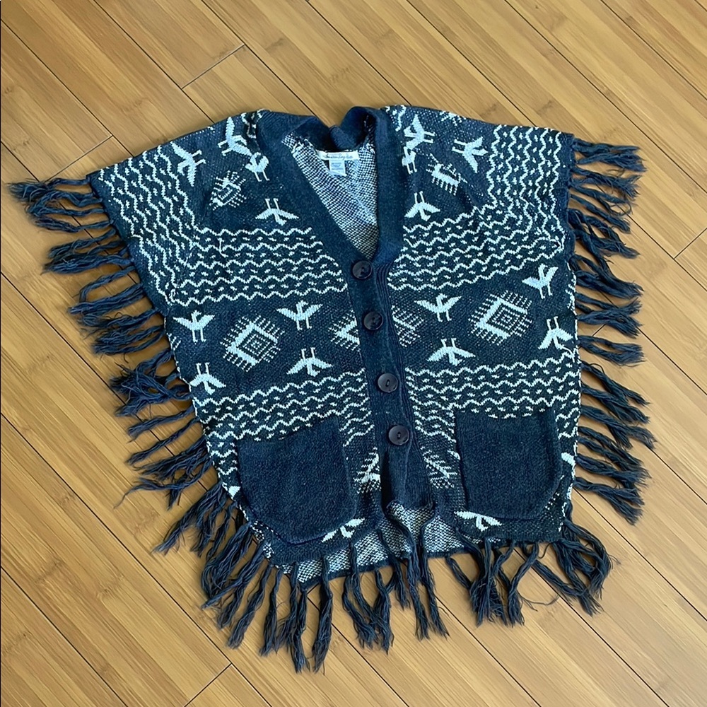 Fringed Knit Poncho with Button Closure